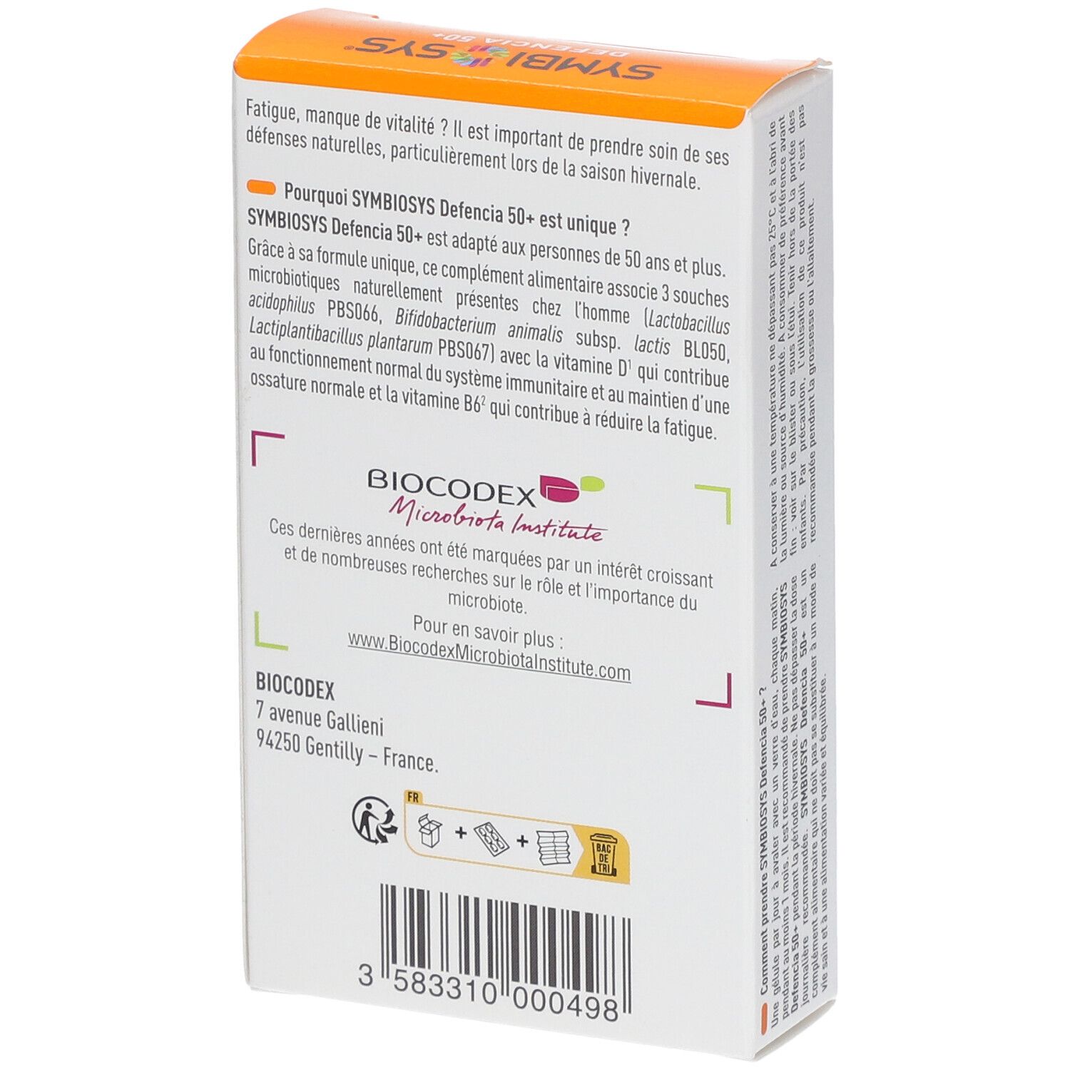 Rückseite der Schachtel SYMBIOSYS Defencia 50+. Text über Inhaltsstoffe und Hersteller. BIODECOX.