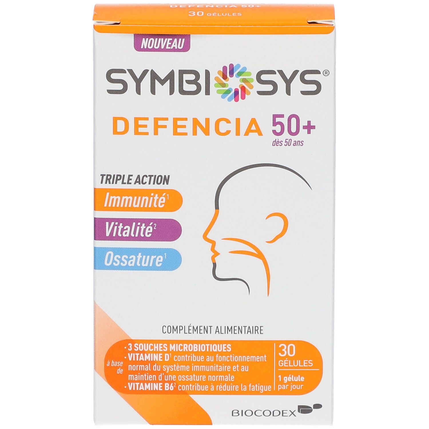 Schachtel SYMBIOSYS Defencia 50+. Dreifache Wirkung: Immunität, Vitalität, Knochen. 30 Kapseln. BIODECOX.