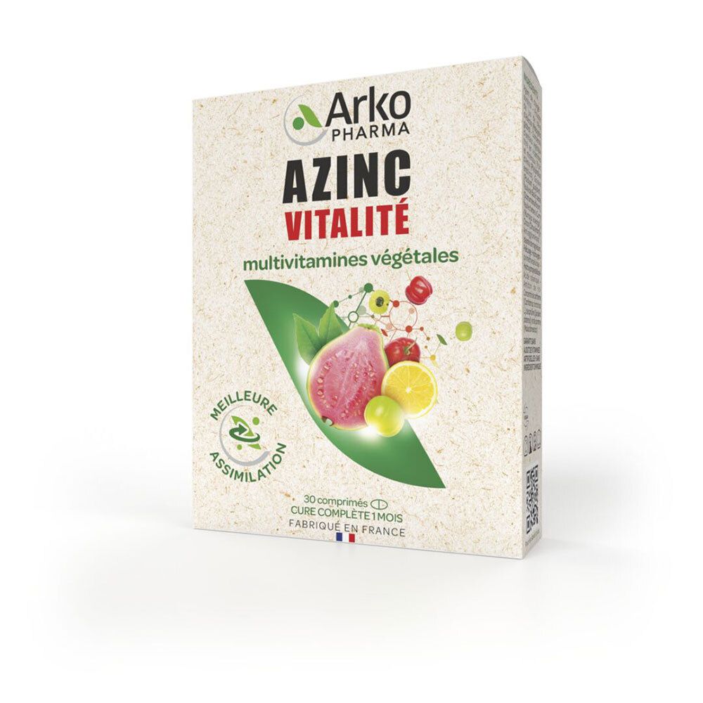Boîte Arkopharma AZINC Vitalité BIO. Illustration de fruits. Texte: Multivitamine végétales.