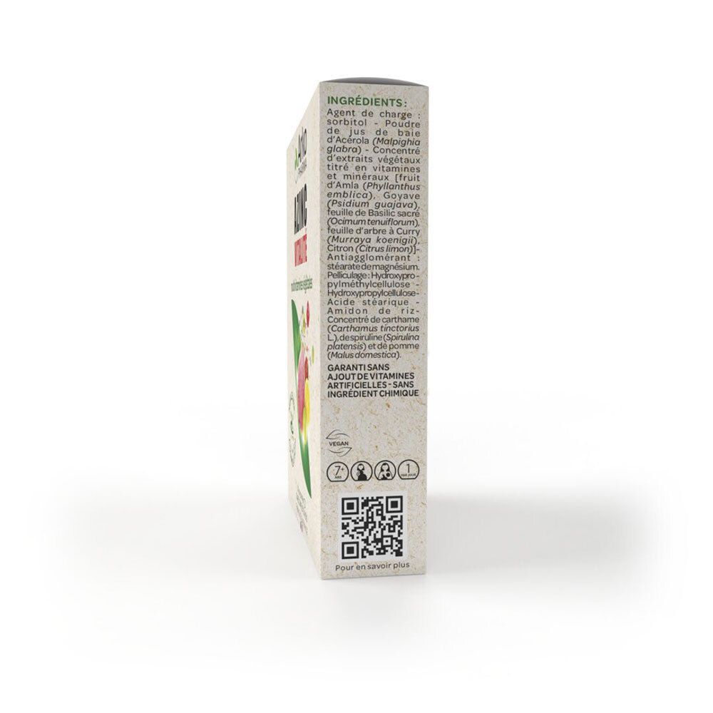 Vue latérale de l'emballage Arkopharma AZINC Vitalité BIO. Texte: Ingrédients, code QR.