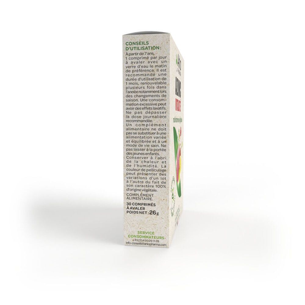Vue latérale de l'emballage Arkopharma AZINC Vitalité BIO. Texte: Conseils d'utilisation, 26g.