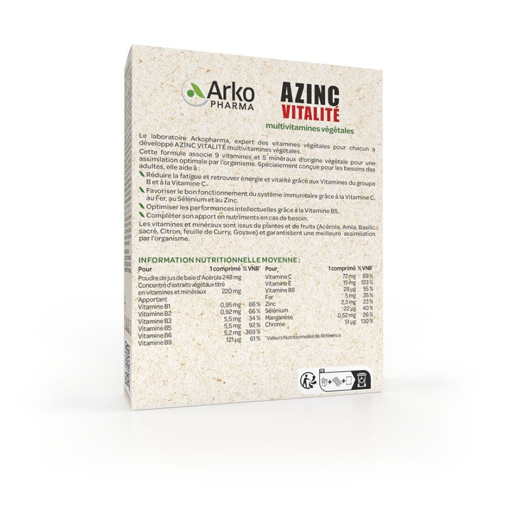 Dos de l'emballage Arkopharma AZINC Vitalité BIO. Texte: Informations nutritionnelles.