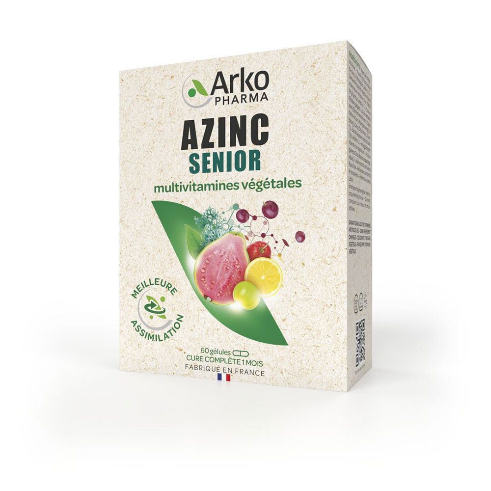 Boîte AZINC SENIOR avec fruits et logo Arkopharma. Contient 60 gélules. Fabriqué en France.