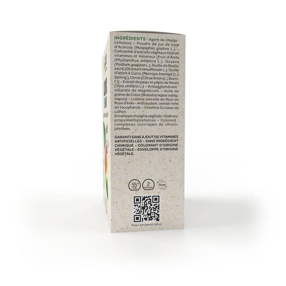Vue latérale de la boîte AZINC SENIOR. Liste des ingrédients, QR code et labels qualité.