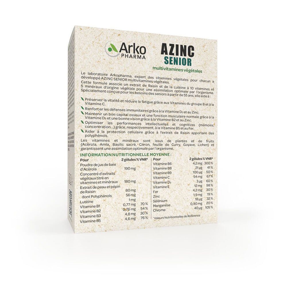 Dos de la boîte AZINC SENIOR. Informations nutritionnelles et ingrédients.
