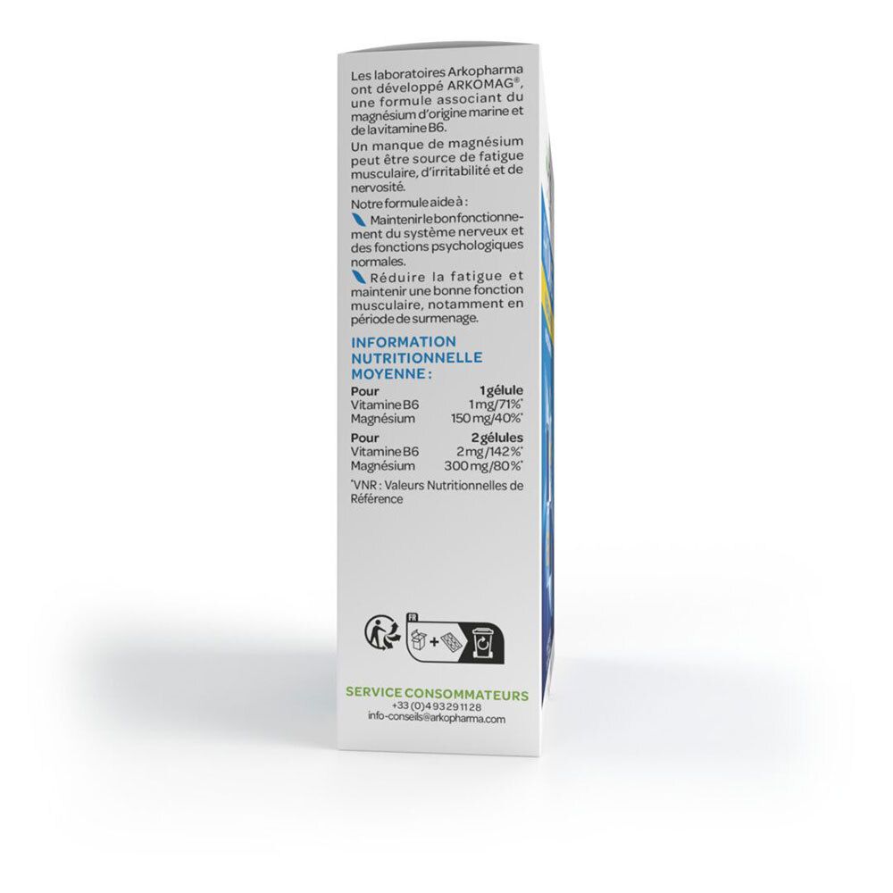 Rückseite der Arkomag Magnesium B6-Schachtel. Textinformationen, Nährwertangaben und Kontaktinformationen.