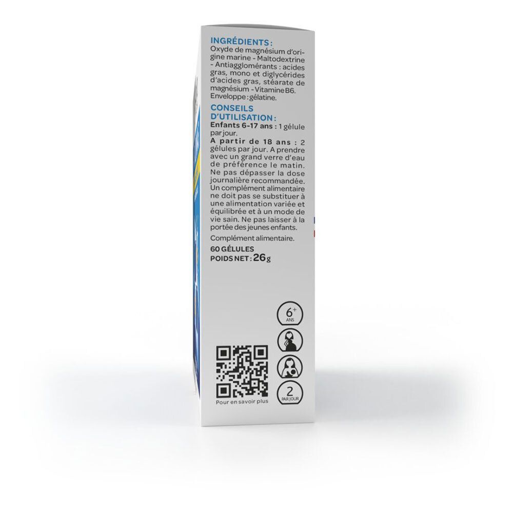 Seite der Arkomag Magnesium B6-Schachtel. Zutaten, Anwendungshinweise und Nährwertangaben.