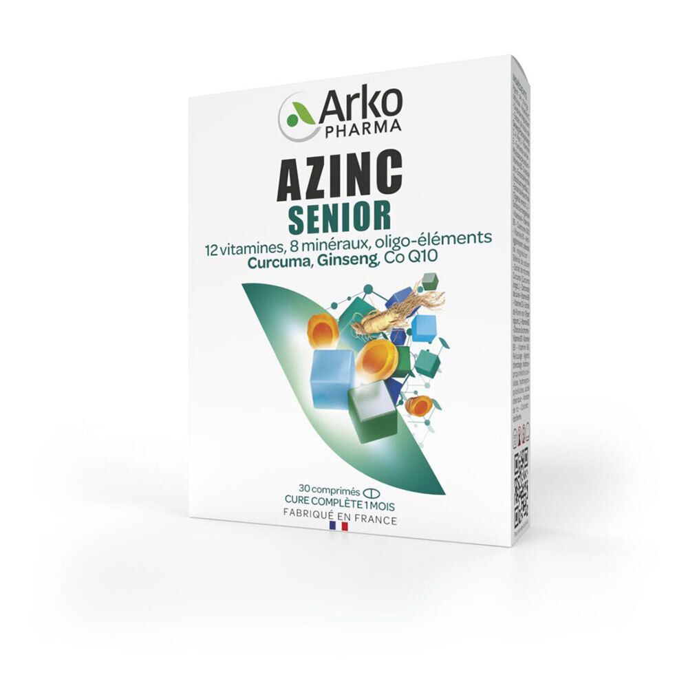 Boîte Arkopharma AZINC Senior. Contient 30 comprimés. Avec vitamines, minéraux et oligo-éléments.