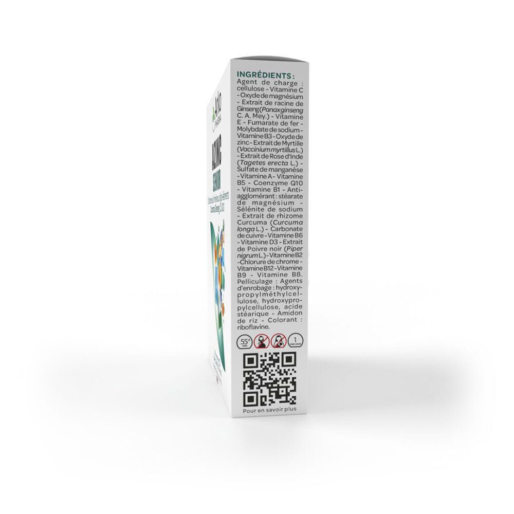 Dos de la boîte Arkopharma AZINC Senior. Liste des ingrédients et code QR.