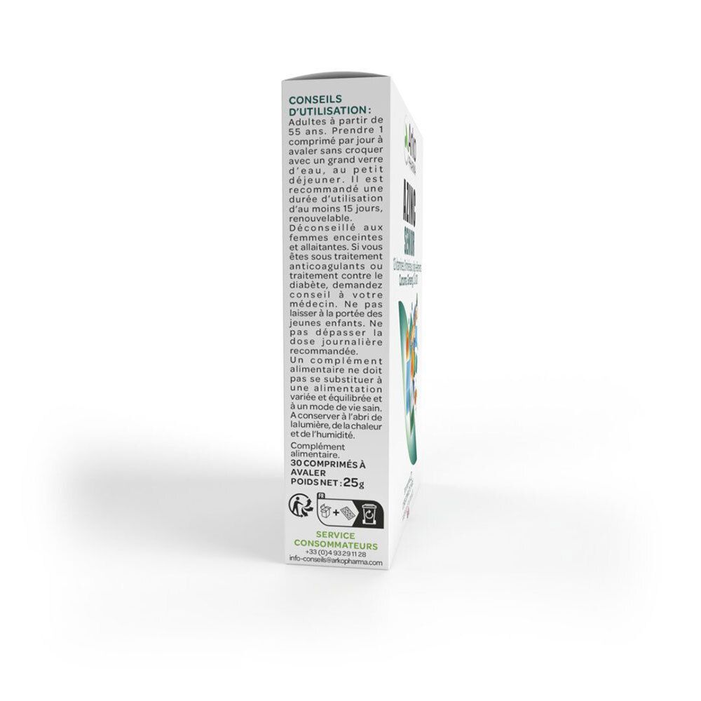 Côté de la boîte Arkopharma AZINC Senior. Conseils d'utilisation et informations nutritionnelles.
