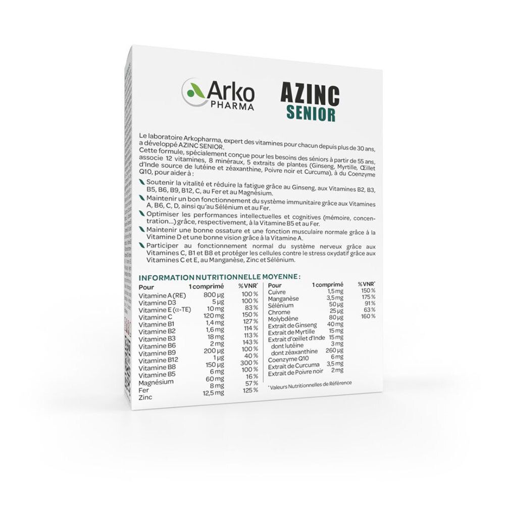 Côté de la boîte Arkopharma AZINC Senior. Informations nutritionnelles et ingrédients.