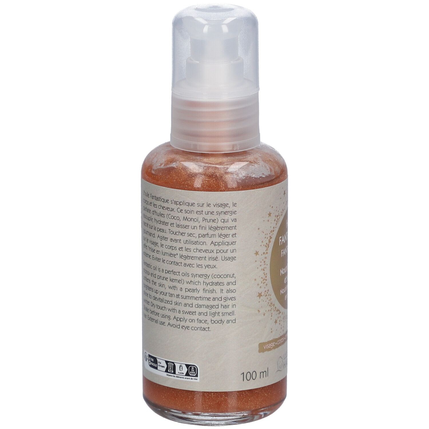 Rückseite der Ölflasche. Text in französischer Sprache. Marke: Laboratoire du Haut-Ségala. 100 ml.