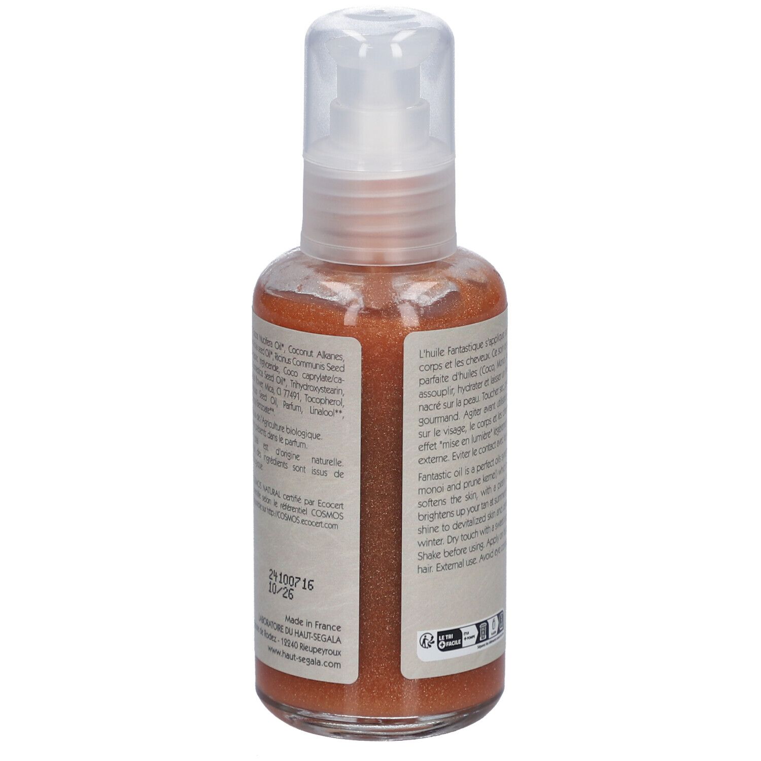 Rückseite der Ölflasche. Text in französischer Sprache. Marke: Laboratoire du Haut-Ségala. 100 ml.