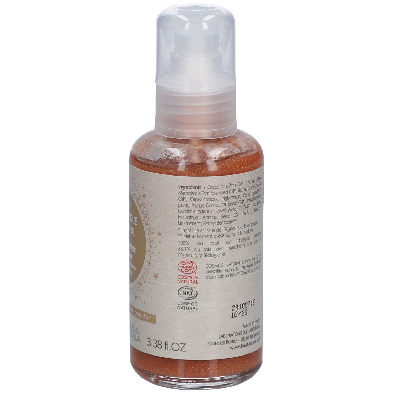 Rückseite der Ölflasche. Text in französischer Sprache. Marke: Laboratoire du Haut-Ségala. 100 ml.