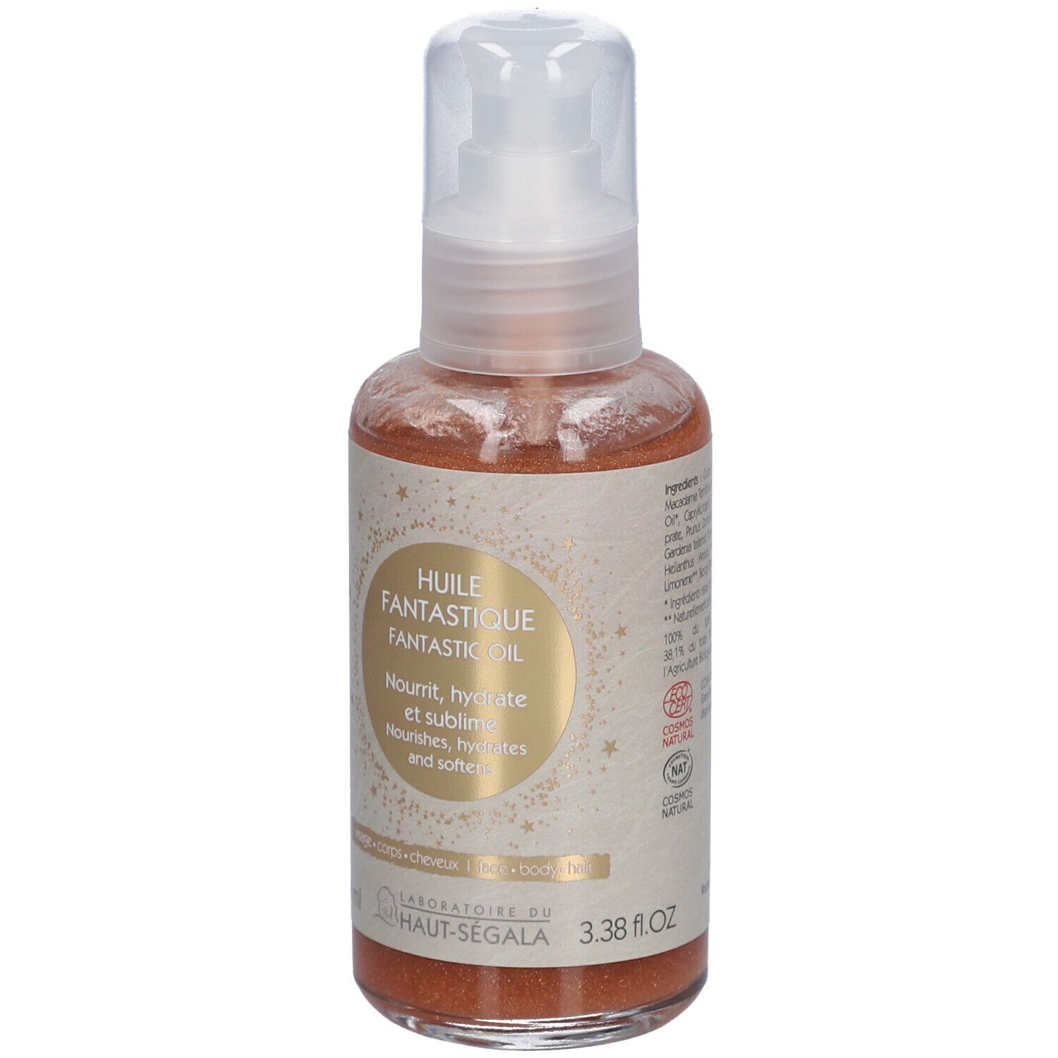 Körperöl-Flasche mit Sprühkopf. Goldfarbenes Etikett mit Text. Marke: Laboratoire du Haut-Ségala. 100 ml.