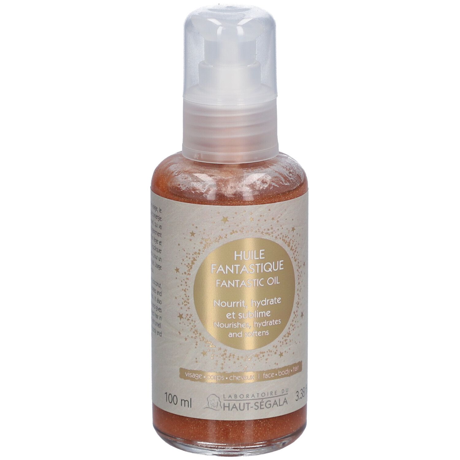 Körperöl-Flasche mit Sprühkopf. Goldfarbenes Etikett mit Text. Marke: Laboratoire du Haut-Ségala. 100 ml.