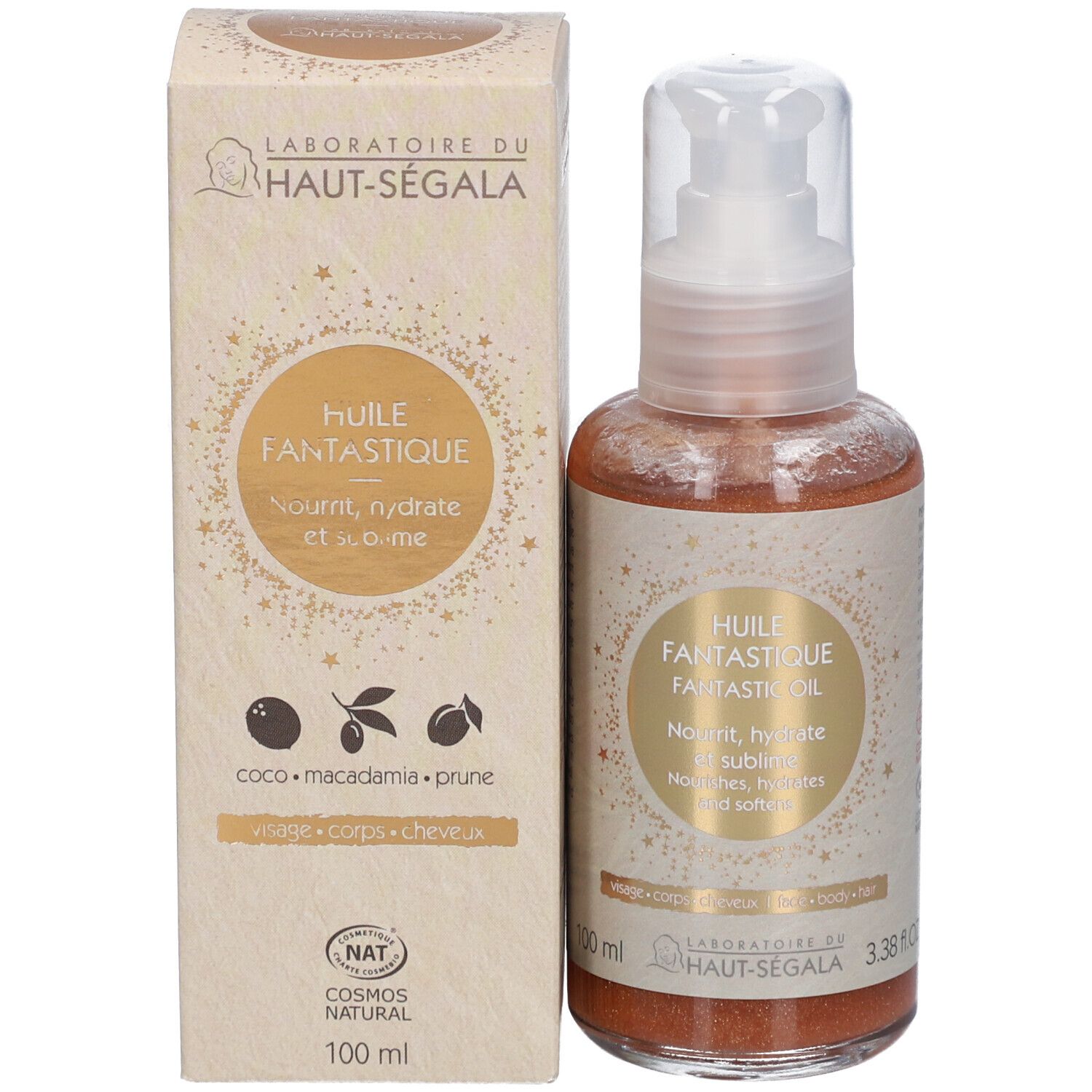 Ölflasche und Verpackung. Verpackung mit Text und Logo. Marke: Laboratoire du Haut-Ségala. 100 ml.