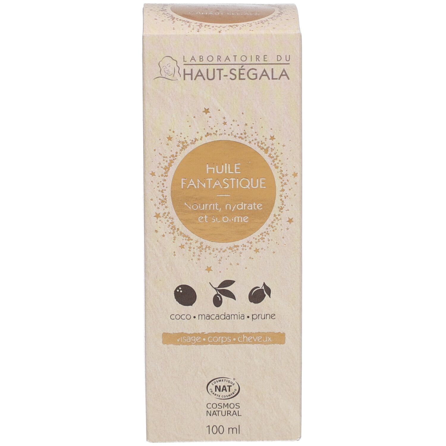 Verpackung mit Text und Logo. Marke: Laboratoire du Haut-Ségala. 100 ml. Zertifizierung COSMOS NATURAL.