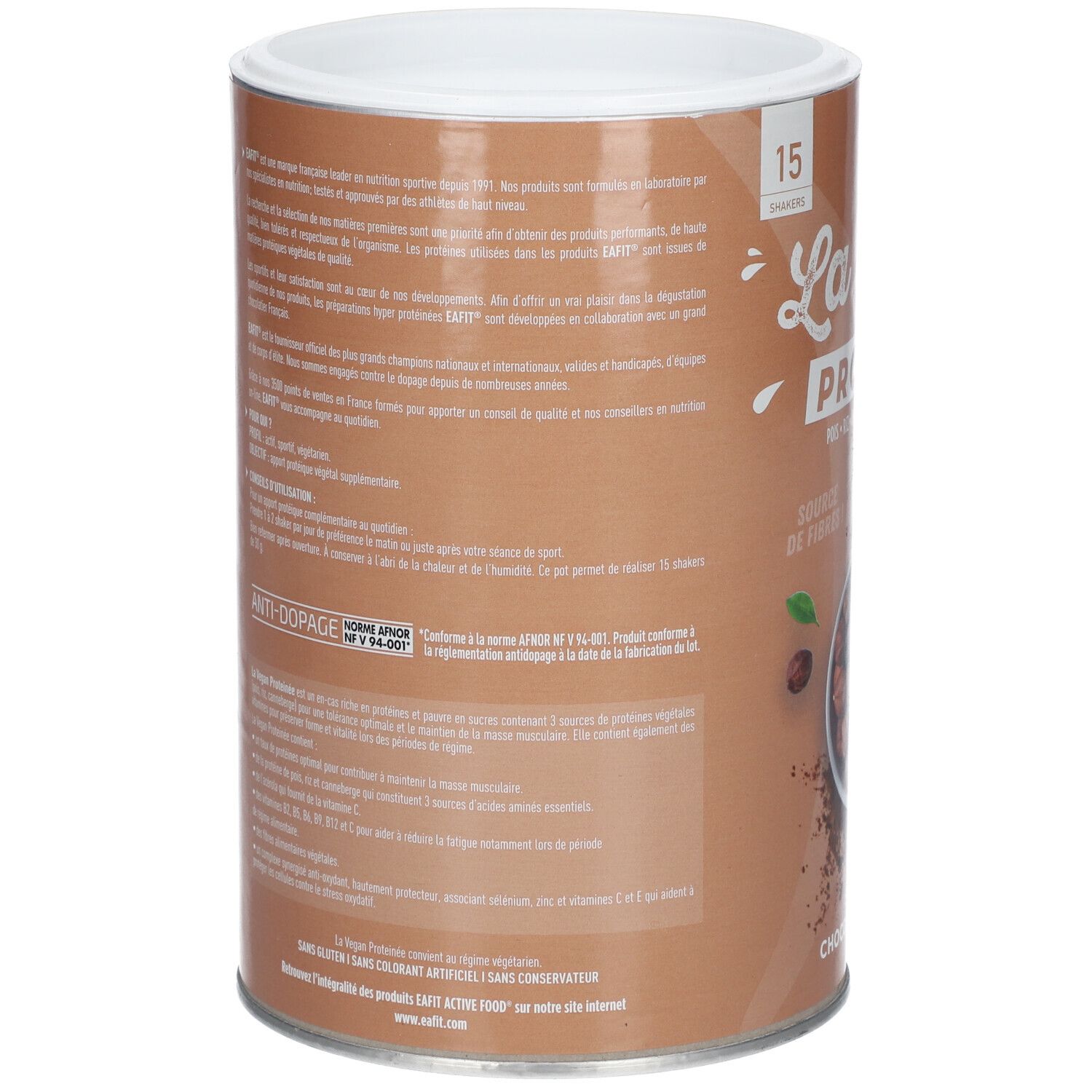 Dos de la boîte marron. Informations textuelles, dont informations nutritionnelles et fabricant. Couvercle blanc.