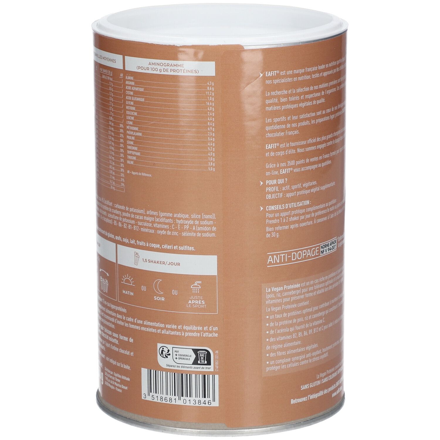 Boîte marron avec couvercle blanc. Informations textuelles, dont informations nutritionnelles et fabricant. Inscription: EA-FIT.