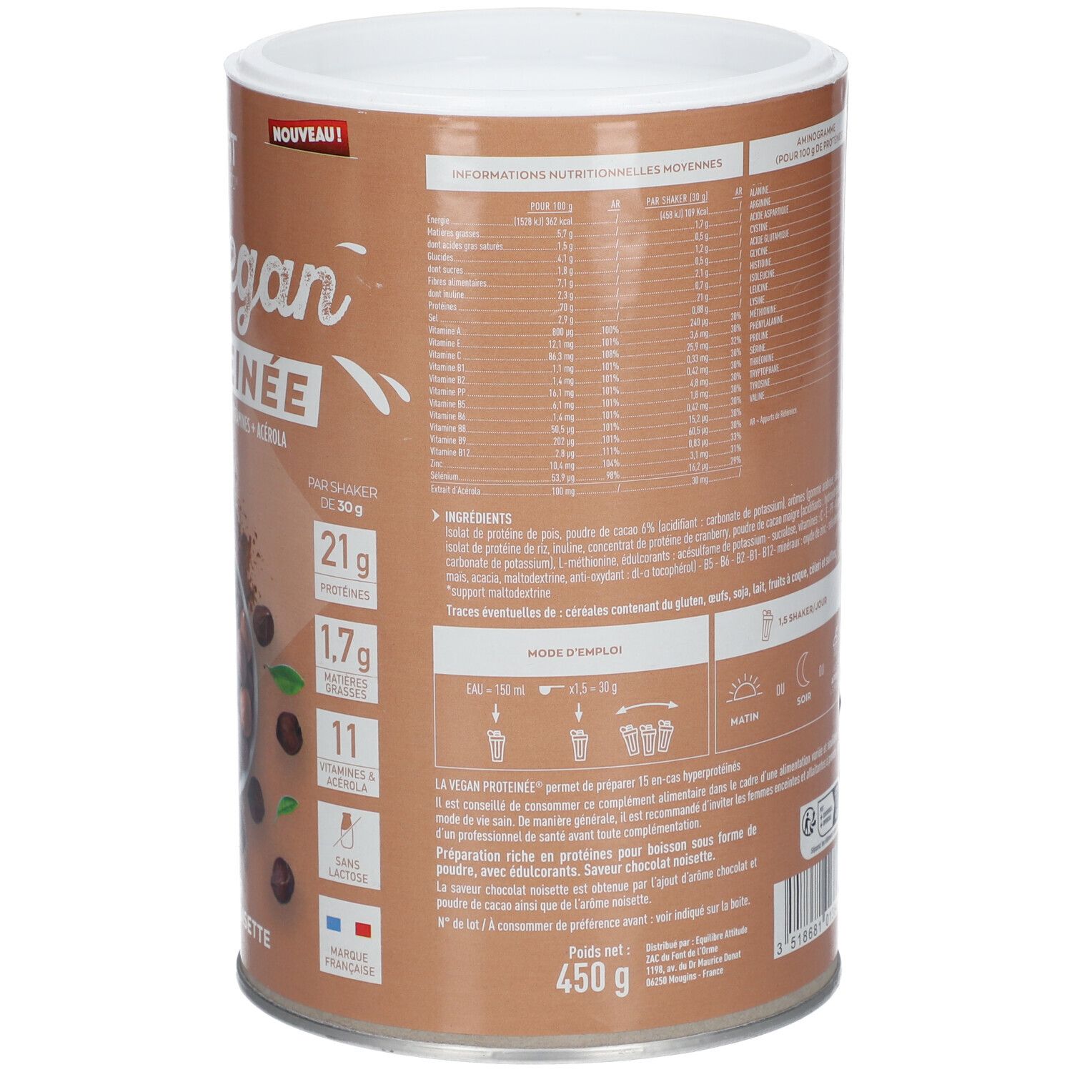 Dos de la boîte marron. Informations textuelles, dont informations nutritionnelles et fabricant. Couvercle blanc.