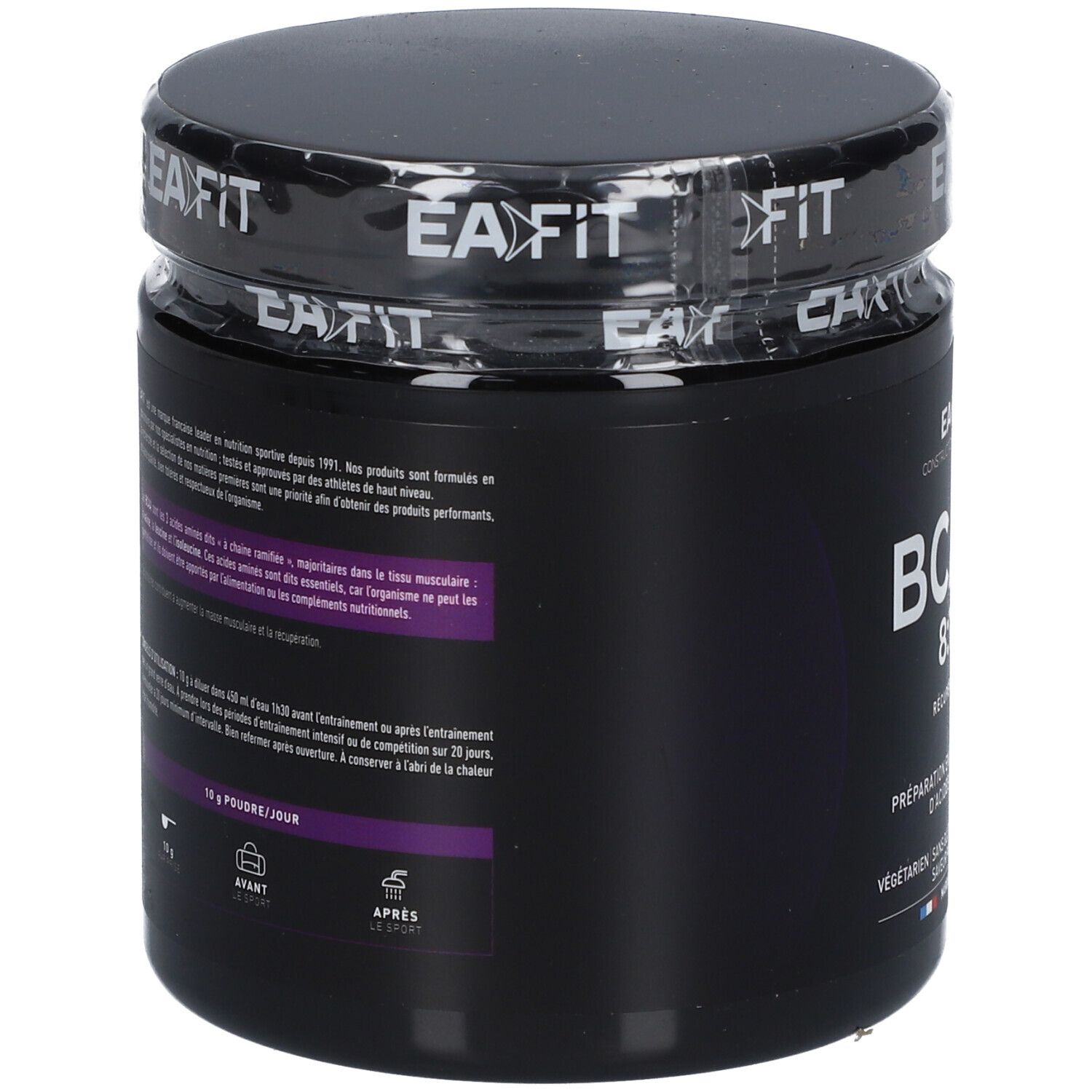 Pot noir EA-FIT BCAA 8:1:1. Dos avec texte. Contient 16 g par portion. Végétarien, sans gluten, sans aspartame.