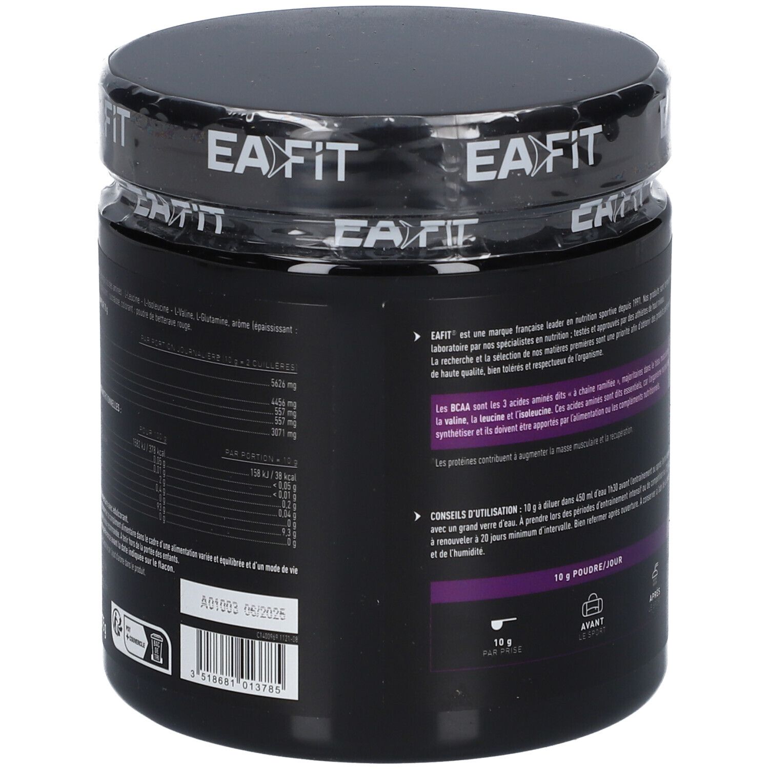 Pot noir EA-FIT BCAA 8:1:1. Dos avec texte. Contient 10 g par portion. Végétarien, sans gluten, sans aspartame.