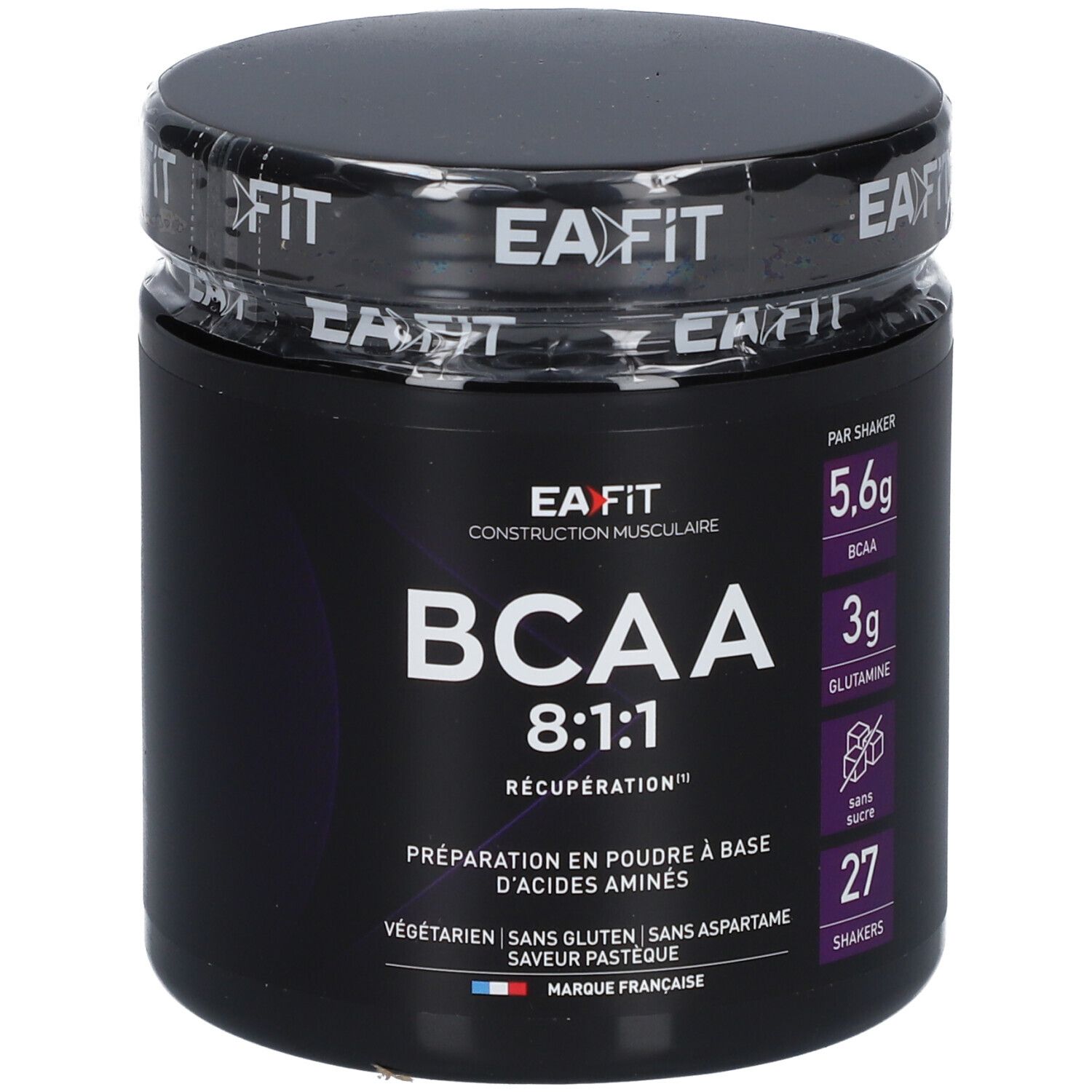 Pot noir EA-FIT BCAA 8:1:1. Inscription BCAA 8:1:1 Récupération. Contient 27 portions. Végétarien, sans gluten, sans aspartame.