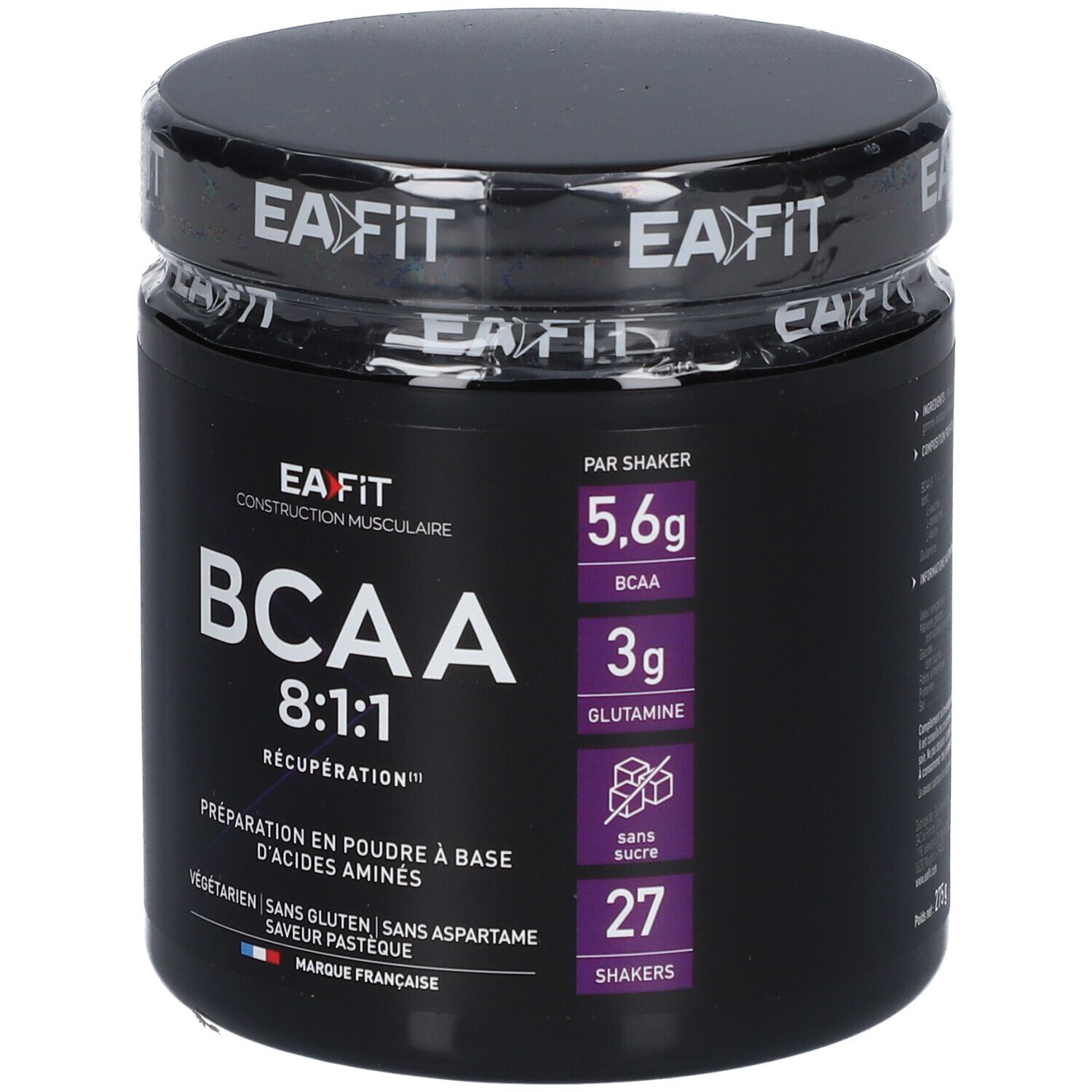 Pot noir EA-FIT BCAA 8:1:1. Inscription BCAA 8:1:1 Récupération. Contient 27 portions. Végétarien, sans gluten, sans aspartame.