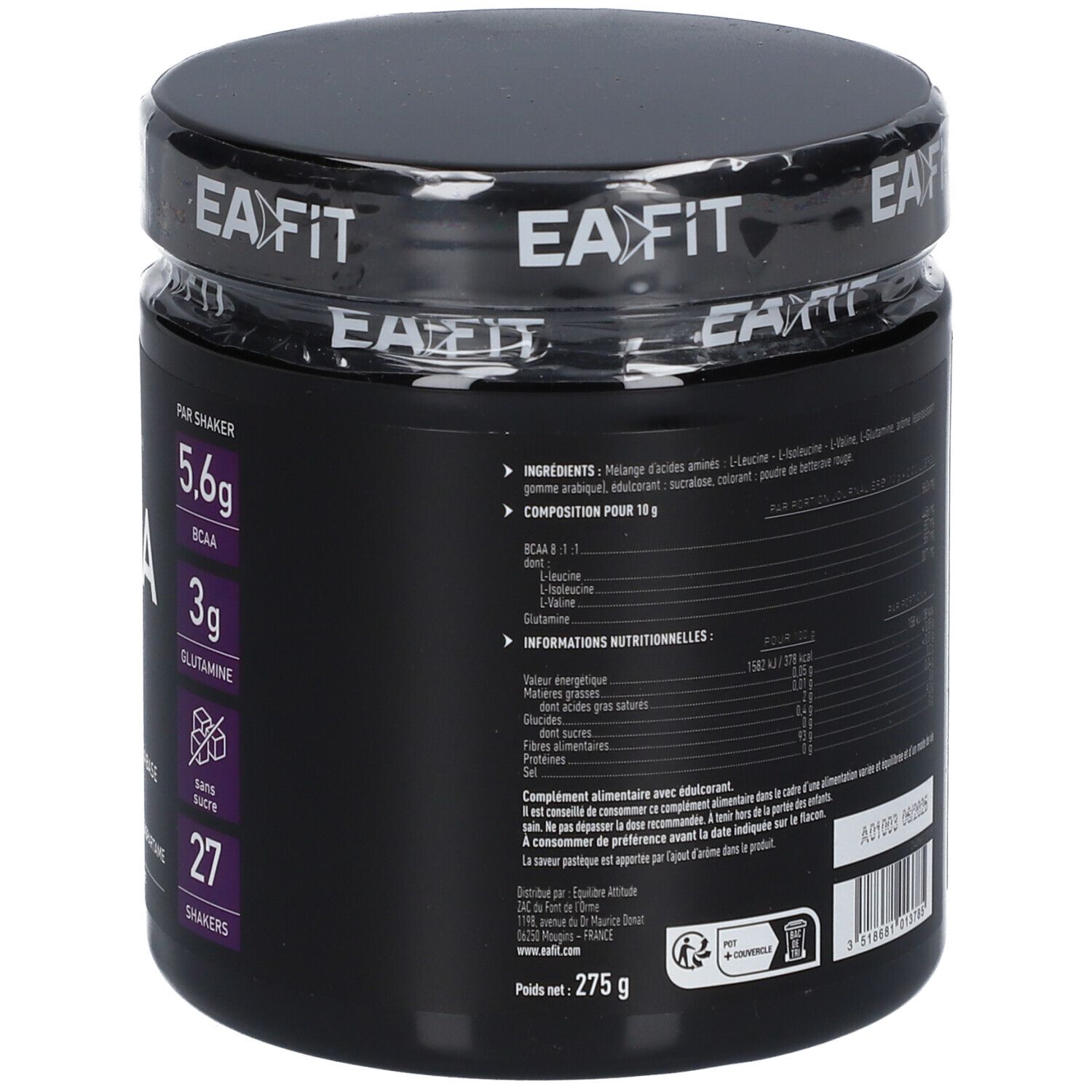 Pot noir EA-FIT BCAA 8:1:1. Dos avec texte. Contient 275 g. Végétarien, sans gluten, sans aspartame.