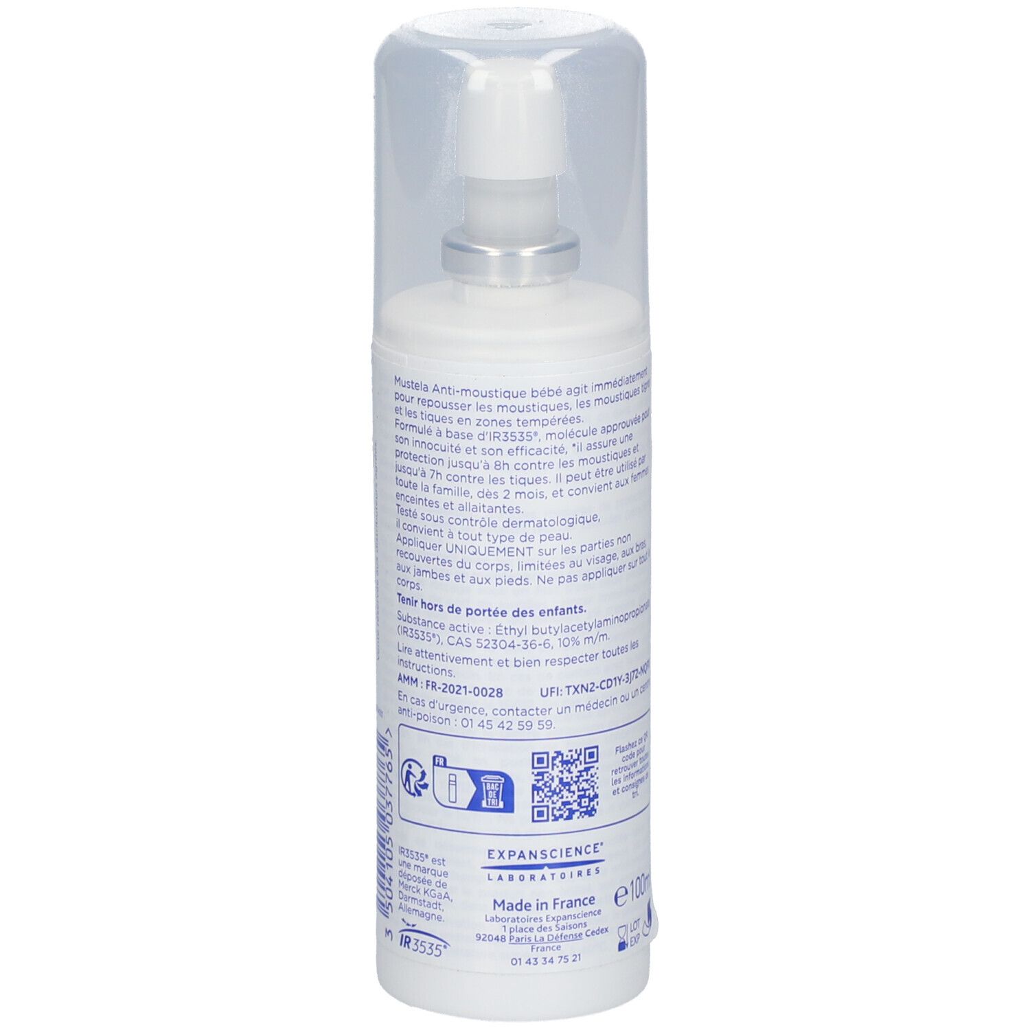 Flacon blanc avec bouchon pulvérisateur et capuchon transparent. Texte et QR code au dos. Logo: Expanscience Laboratoires. Made in France.
