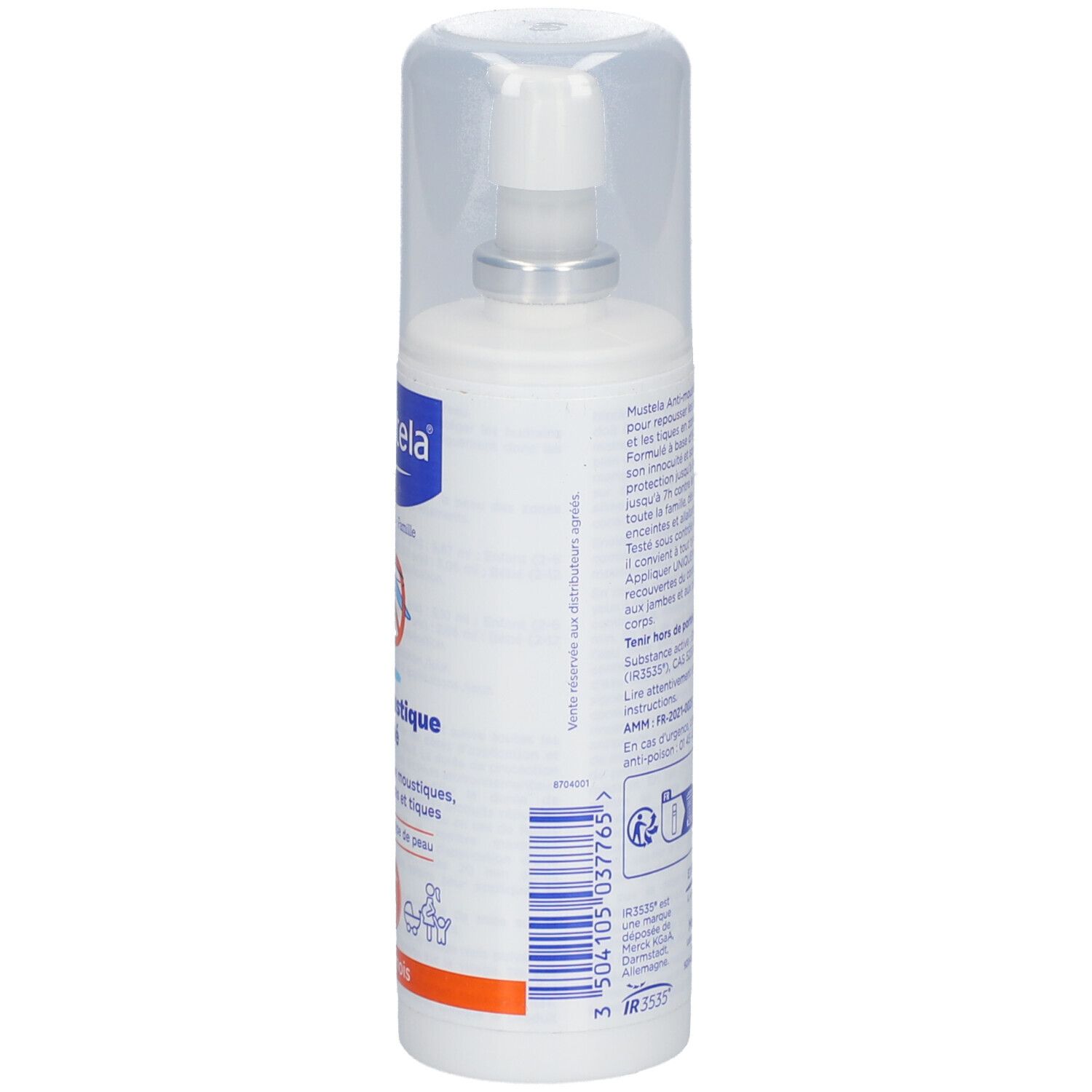 Flacon blanc avec bouchon pulvérisateur et capuchon transparent. Texte au dos. Logo: Mustela. Bande orange en bas. Code QR.