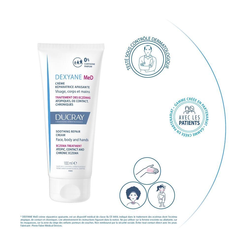 Creme-Tube mit Logos und Text. Enthält Logos für dermatologische Kontrolle und Patienten-Partnerschaft.
