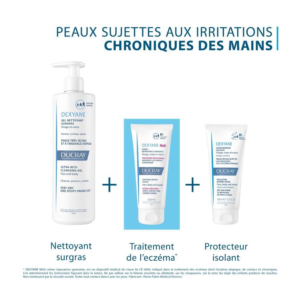 Produkt-Set mit drei Artikeln: Reinigungs-Gel, Creme und Creme-Tube. Marke: DUCRAY.