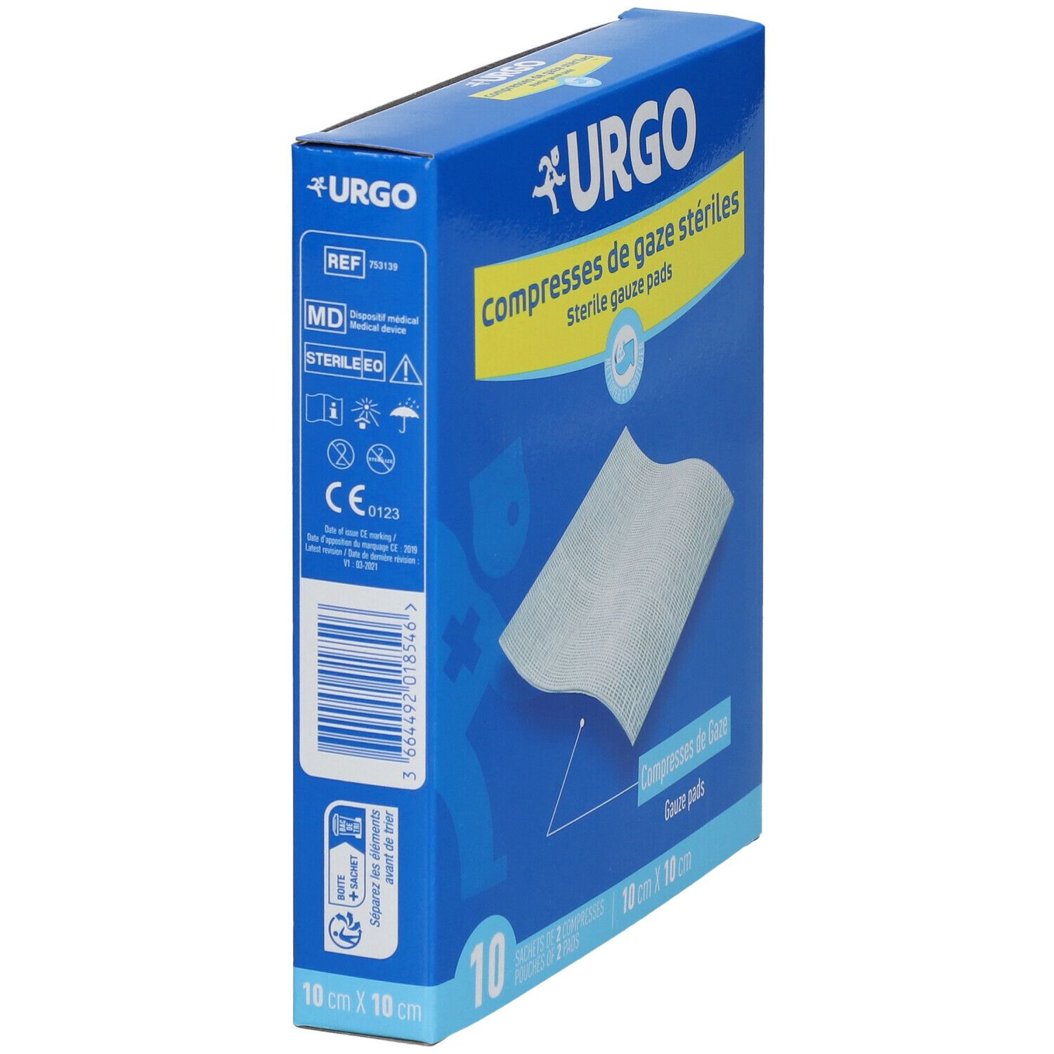 Boîte bleue URGO. Inscription: Compresses de gaze stériles, 10 cm x 10 cm. Vue latérale.