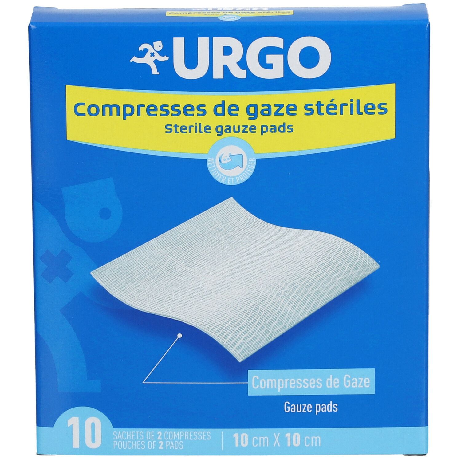 Boîte bleue URGO. Inscription: Compresses de gaze stériles, 10 cm x 10 cm. Contient 10 compresses.