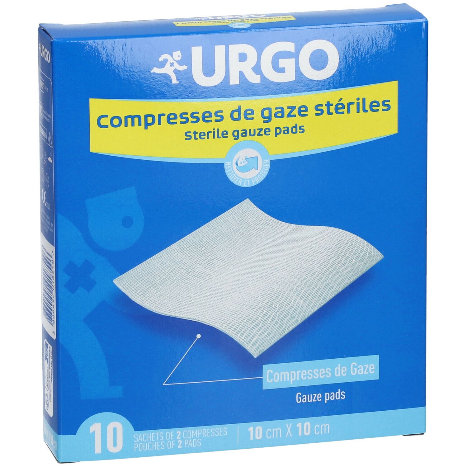 Boîte bleue URGO. Inscription: Compresses de gaze stériles, 10 cm x 10 cm. Contient 10 compresses.