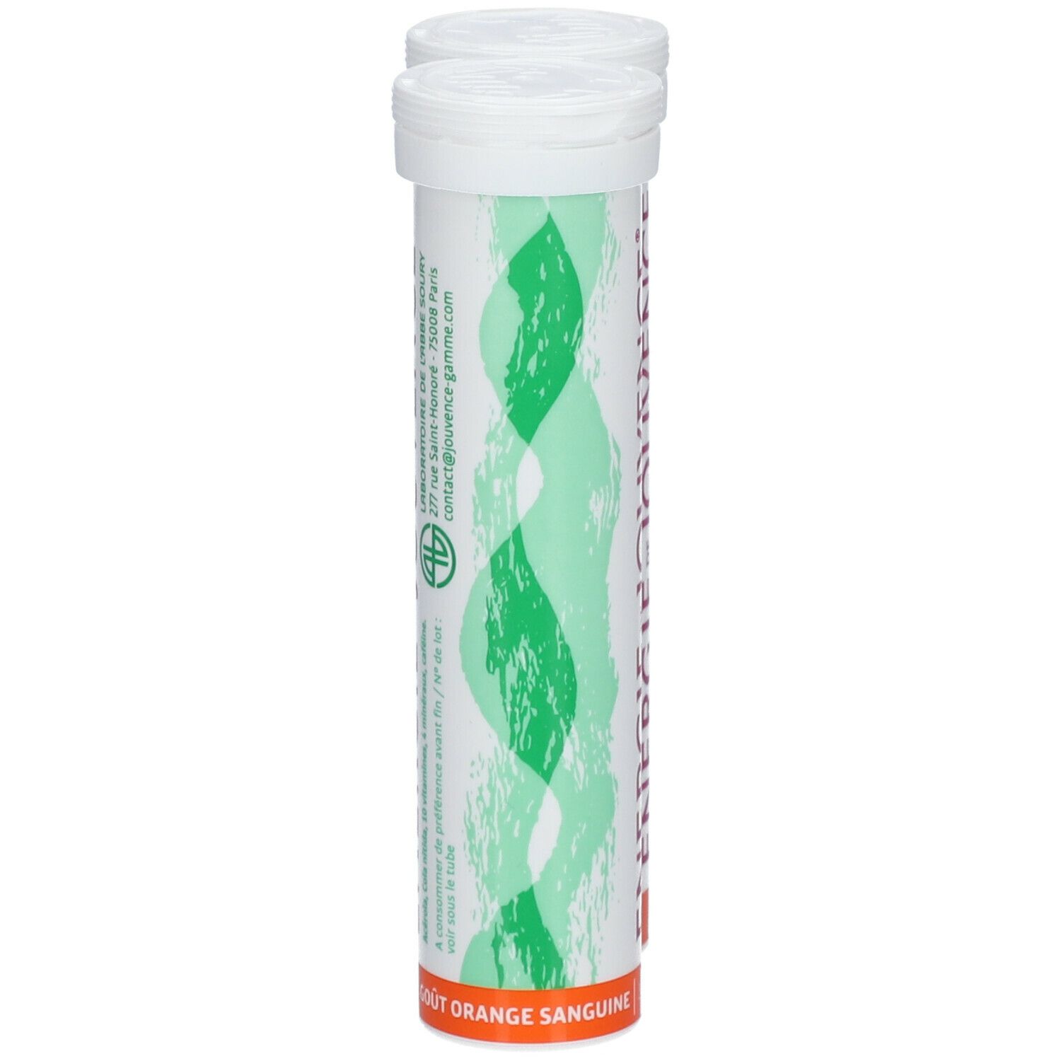 Tube blanc de comprimés effervescents. Graphique vert et blanc. Inscription: Energie de Jouvence. Goût orange. Logo du laboratoire.