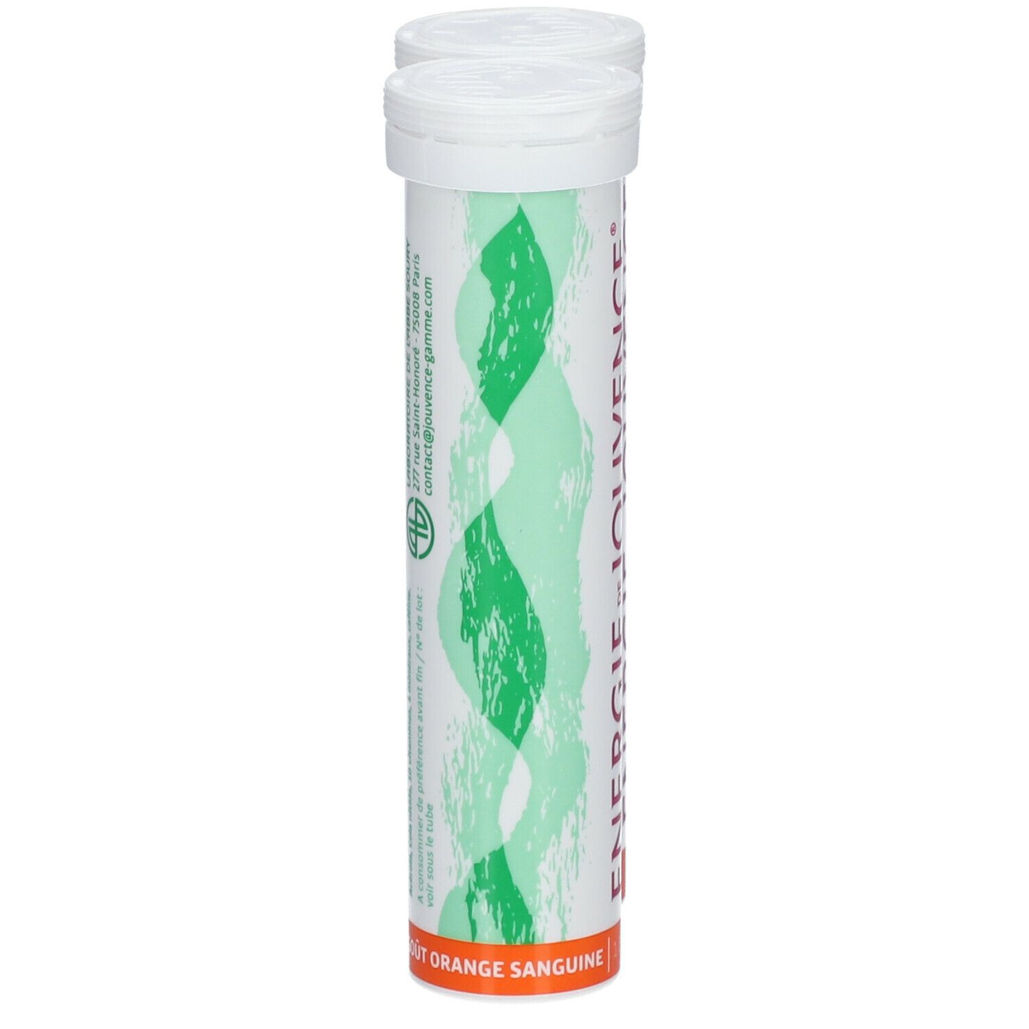 Tube blanc de comprimés effervescents. Graphique vert et blanc. Inscription: Energie de Jouvence. Goût orange. Logo du laboratoire.