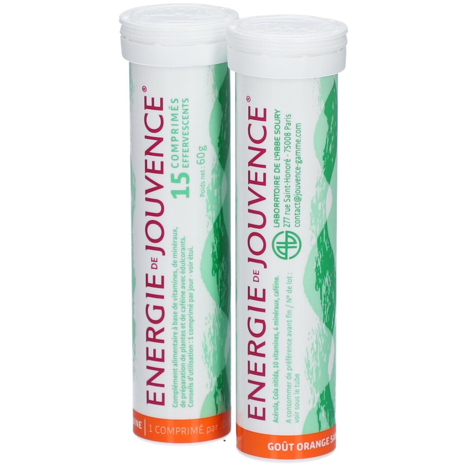 Deux tubes blancs de comprimés effervescents. Inscription: Energie de Jouvence, 15 comprimés, goût orange. Graphique vert et blanc.