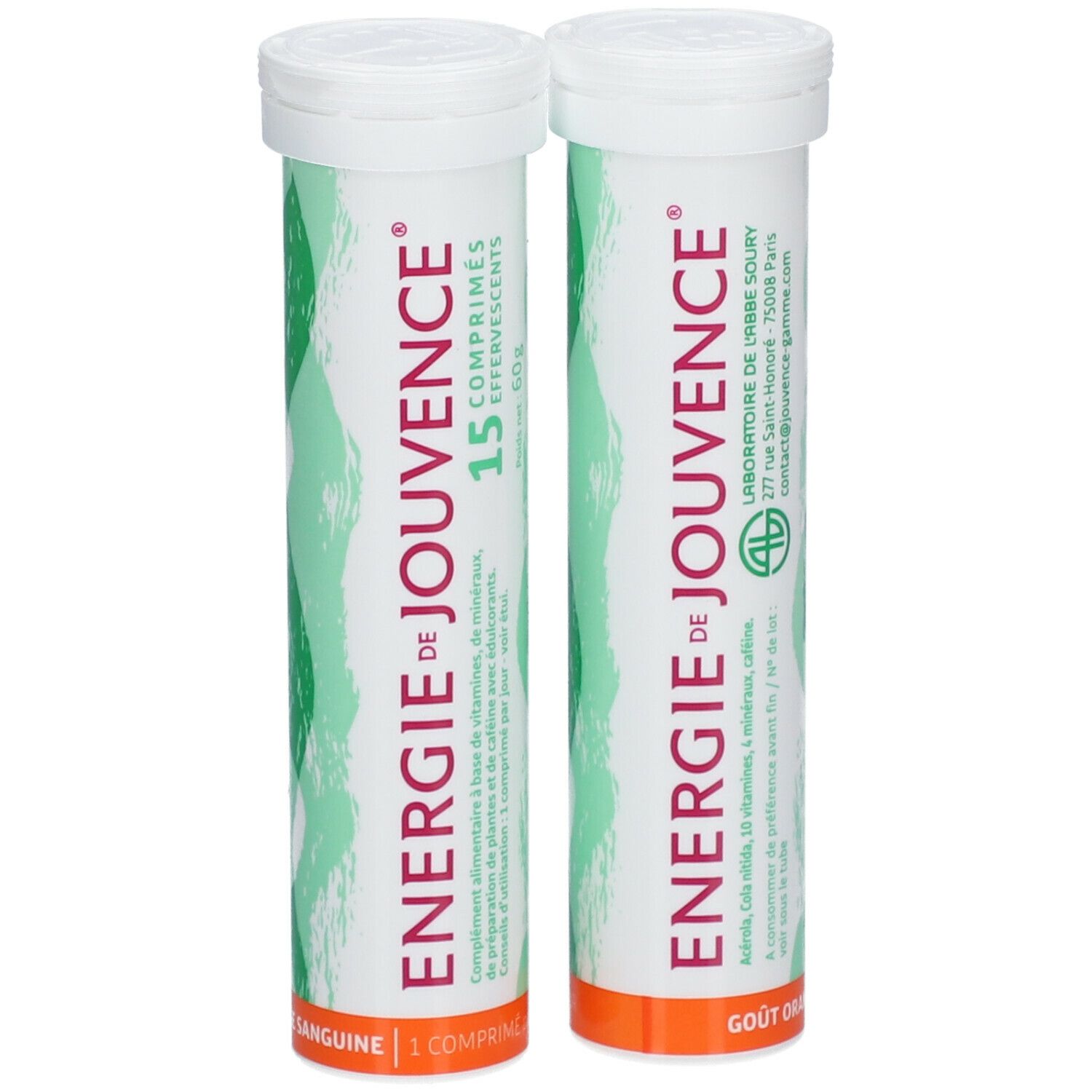 Deux tubes blancs de comprimés effervescents. Inscription: Energie de Jouvence, 15 comprimés, goût orange. Graphique vert et blanc.