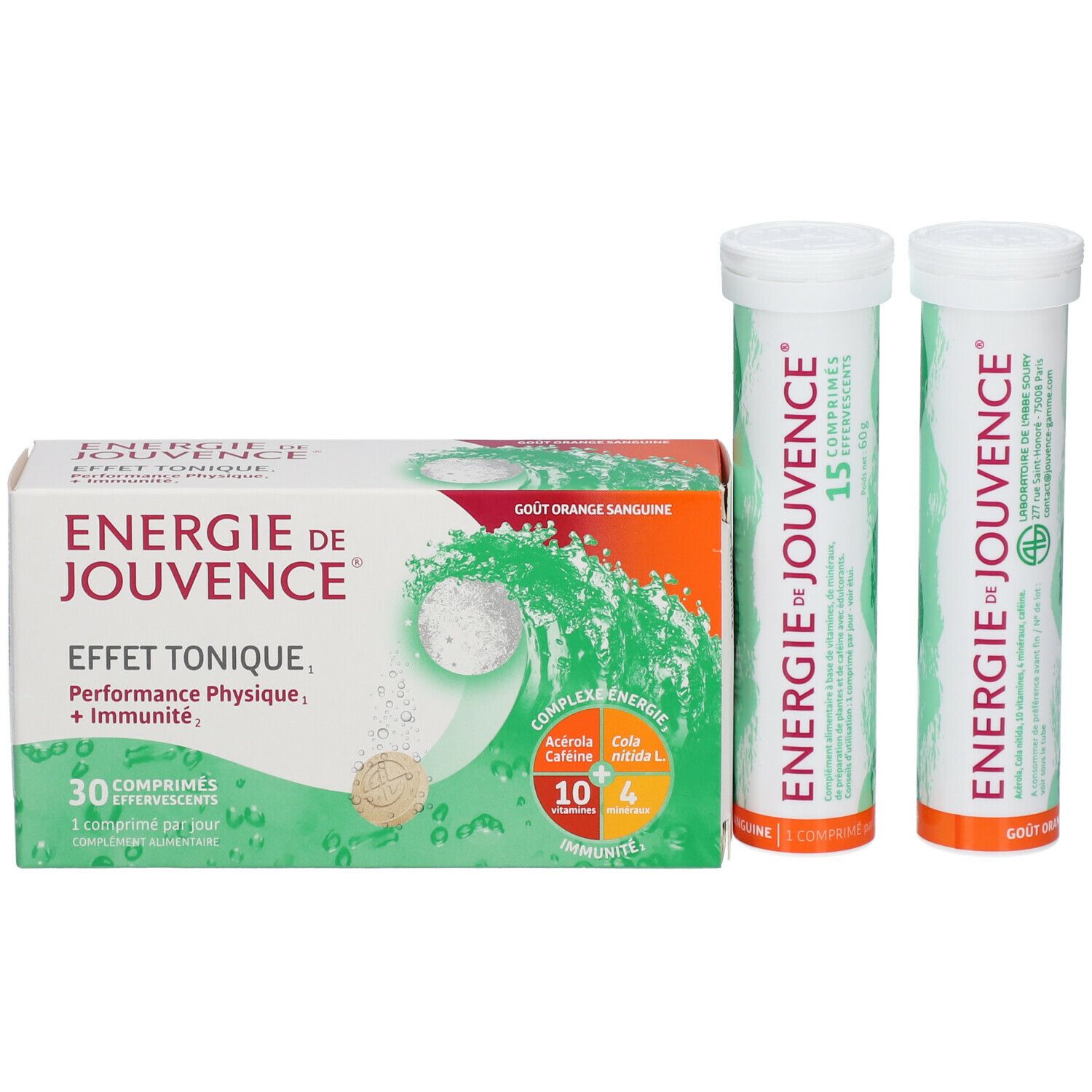 Boîte et deux tubes de comprimés effervescents. Inscription: Energie de Jouvence, 30 comprimés. Goût orange. Graphique vert et blanc.