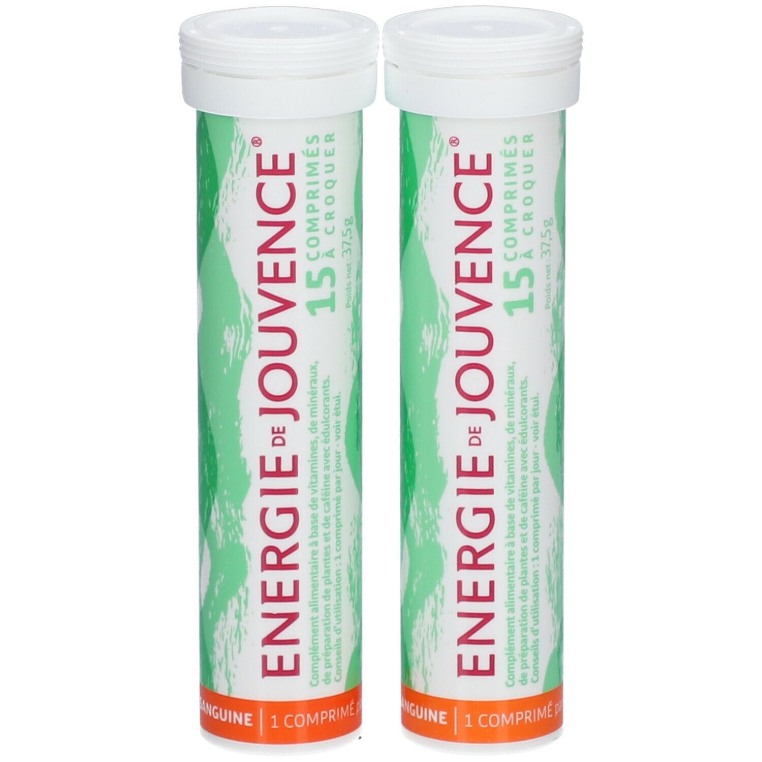 Deux tubes de comprimés. Inscription: Energie de Jouvence, 15 comprimés à croquer. Base orange.