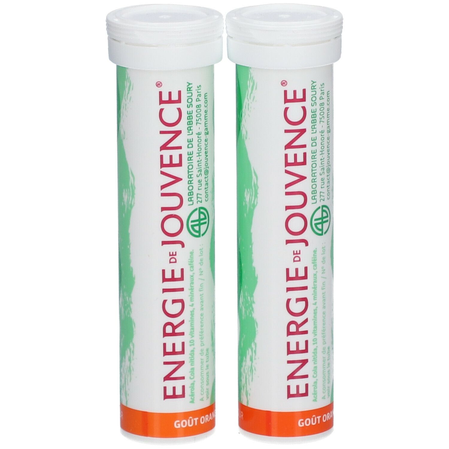 Deux tubes de comprimés. Inscription: Energie de Jouvence. Base orange. Motif de vagues vertes.