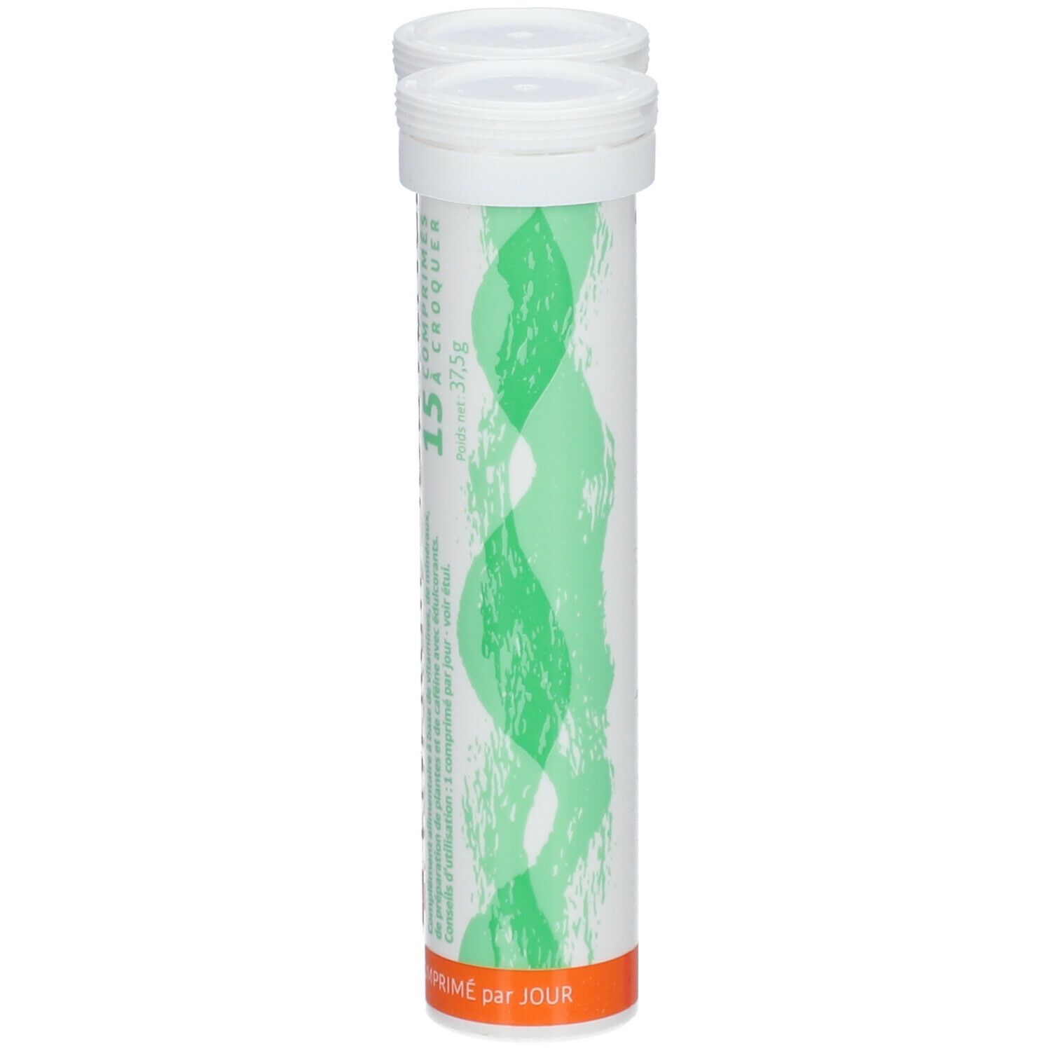 Un tube de comprimés. Inscription: Energie de Jouvence, 15 comprimés à croquer. Motif de vagues vertes.