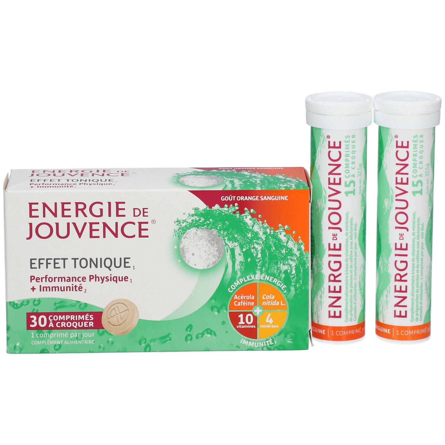 Une boîte et deux tubes de comprimés. Inscription: Energie de Jouvence, 30 comprimés. Fond orange.