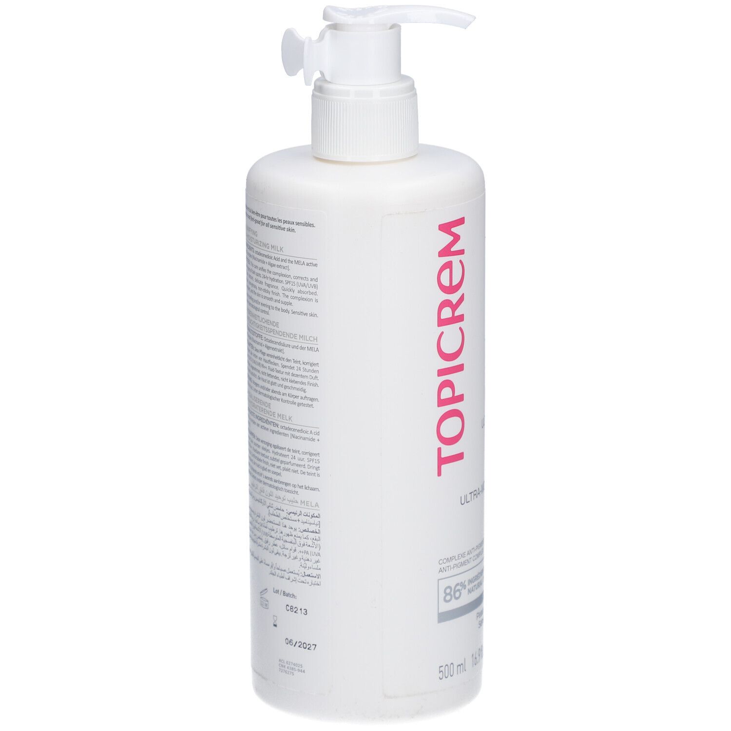 Flacon blanc avec pompe. Texte au dos. Inscription TOPICREM. 500 ml. Testé dermatologiquement. Fabriqué en France.