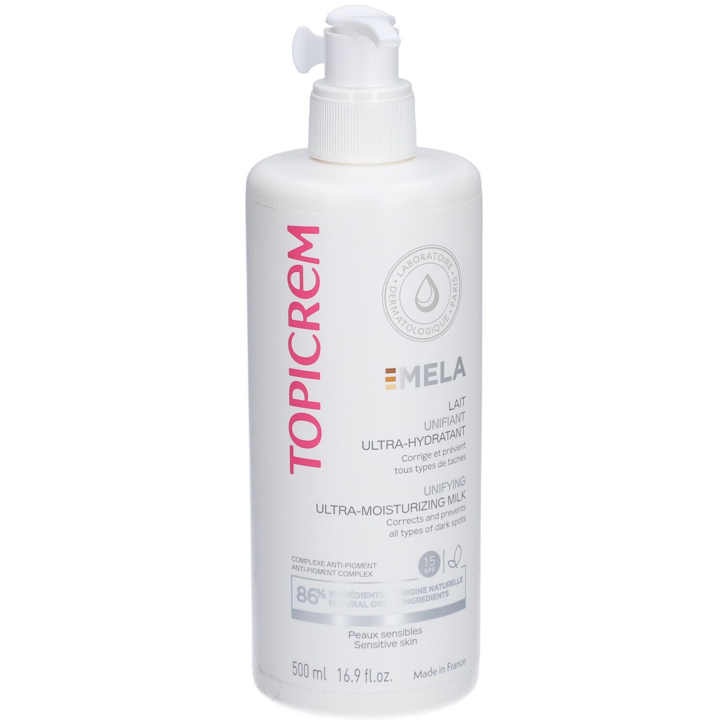 Flacon blanc avec pompe. Inscription TOPICREM, MELA, Ultra-Hydratant, Unifying. Testé dermatologiquement. 500 ml.