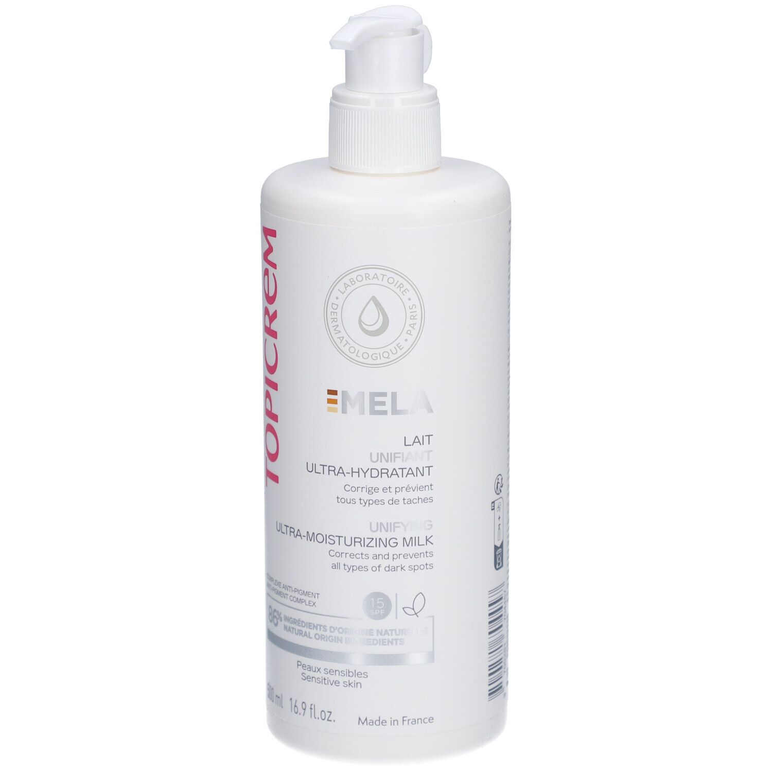 Flacon blanc avec pompe. Inscription TOPICREM, MELA, Ultra-Hydratant, Unifying. Testé dermatologiquement. 500 ml.