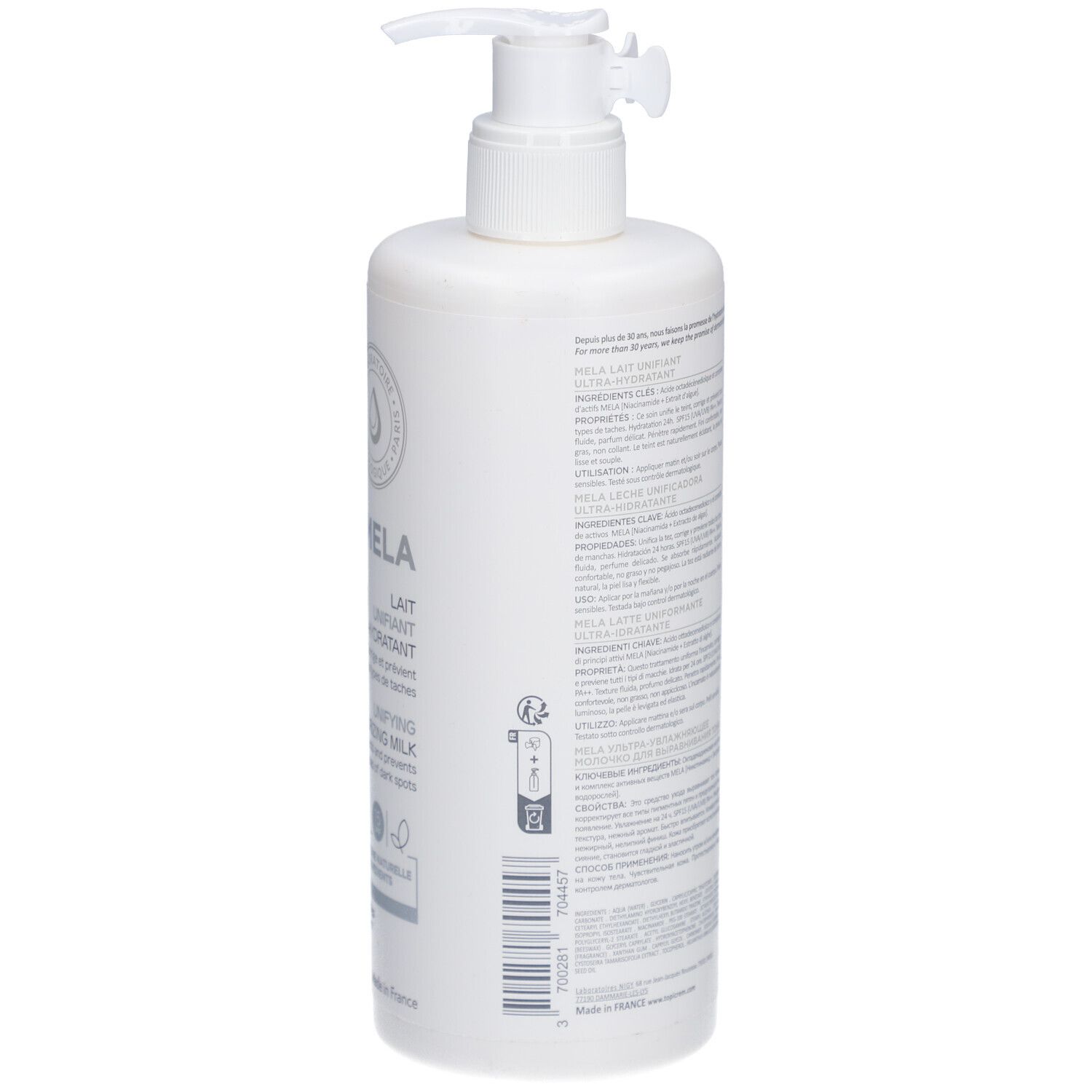 Flacon blanc avec pompe. Texte au dos. Inscription TOPICREM. 500 ml. Testé dermatologiquement. Fabriqué en France.
